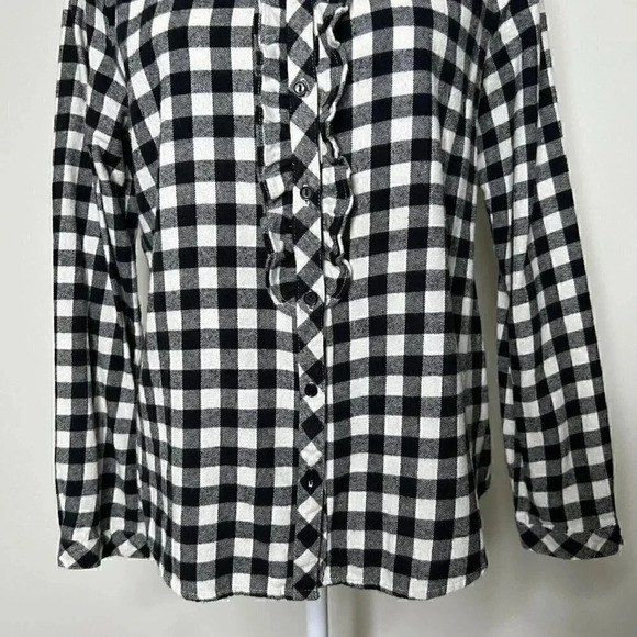 MELLO DAY Black & White Buffalo Check Flannel Ruffle Button Down - Holiday Plaid - Picture 3 of 10